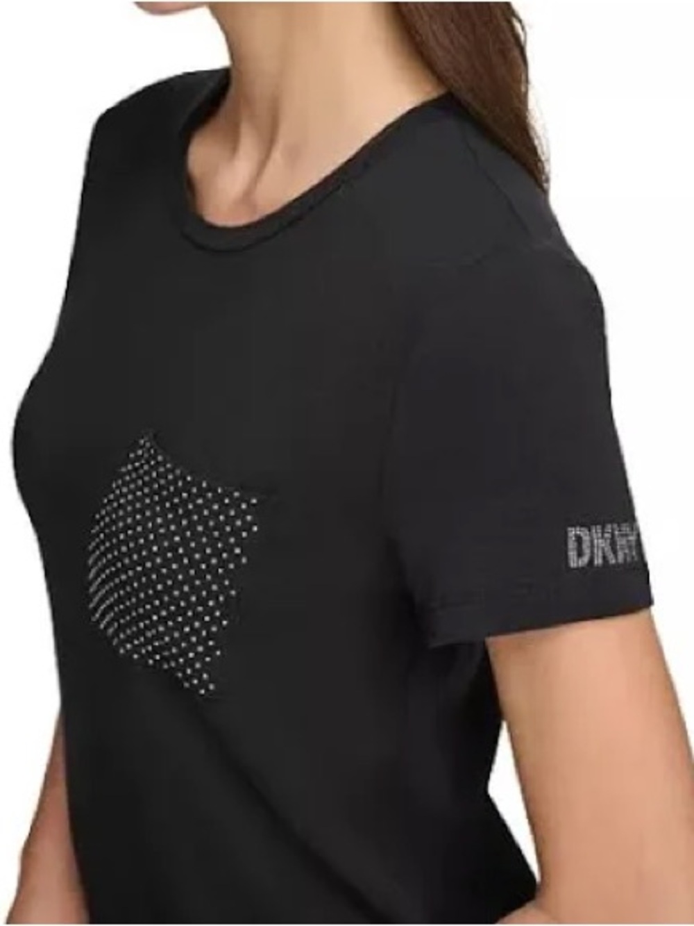 DKNY Black Short Sleeve Scoop Neck Tee with Studded Pocket